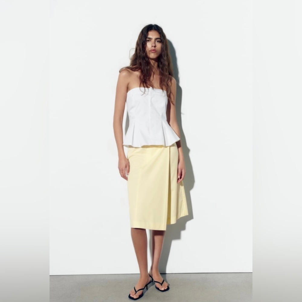 White Gabardine Strapless Bustier Zara Peplum Blouse Top